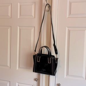 Black patent leather (faux) handbag. Vegan.